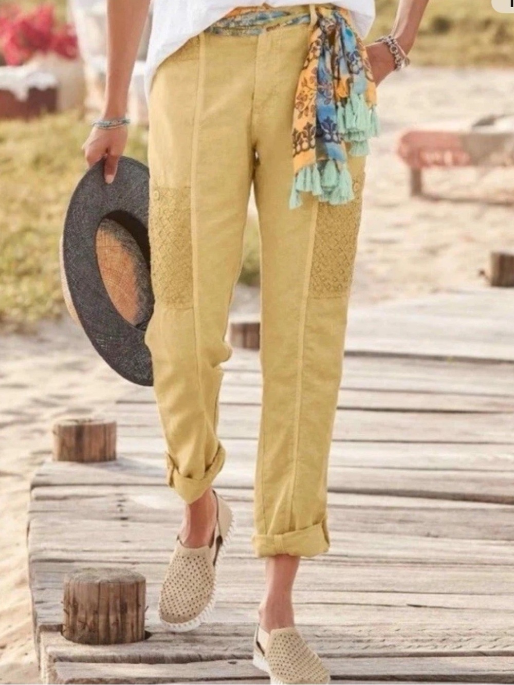 Sundance Femme Voyager Cargo Boho Linen Pants Light Mustard 8 NWOT